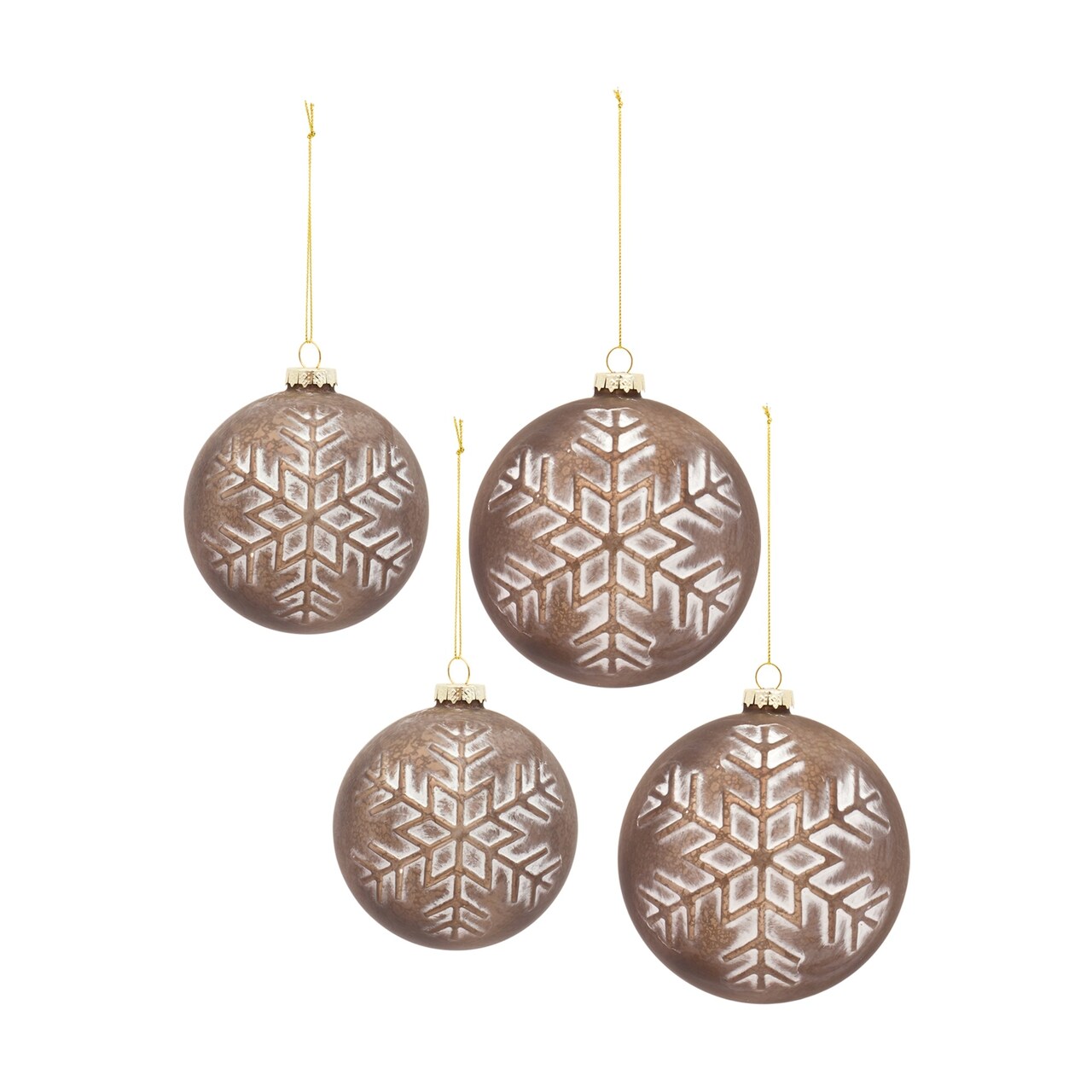 Melrose Snowflake Glass Christmas Ball Ornaments - 5" (130mm) - Brown and White - 4ct